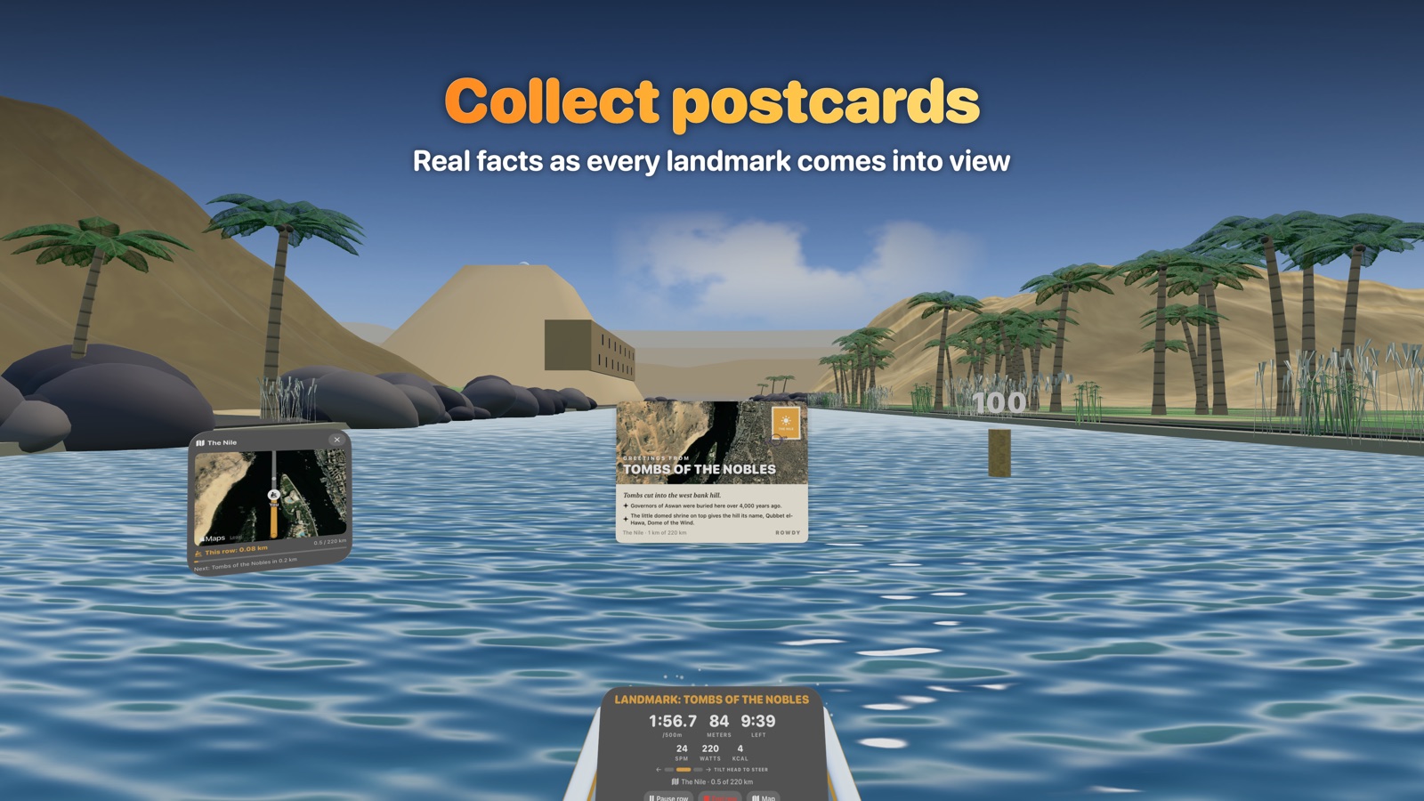 A postcard about the Tombs of the Nobles floating above the Nile in Rowdy, next to a route map and the rowing monitor
